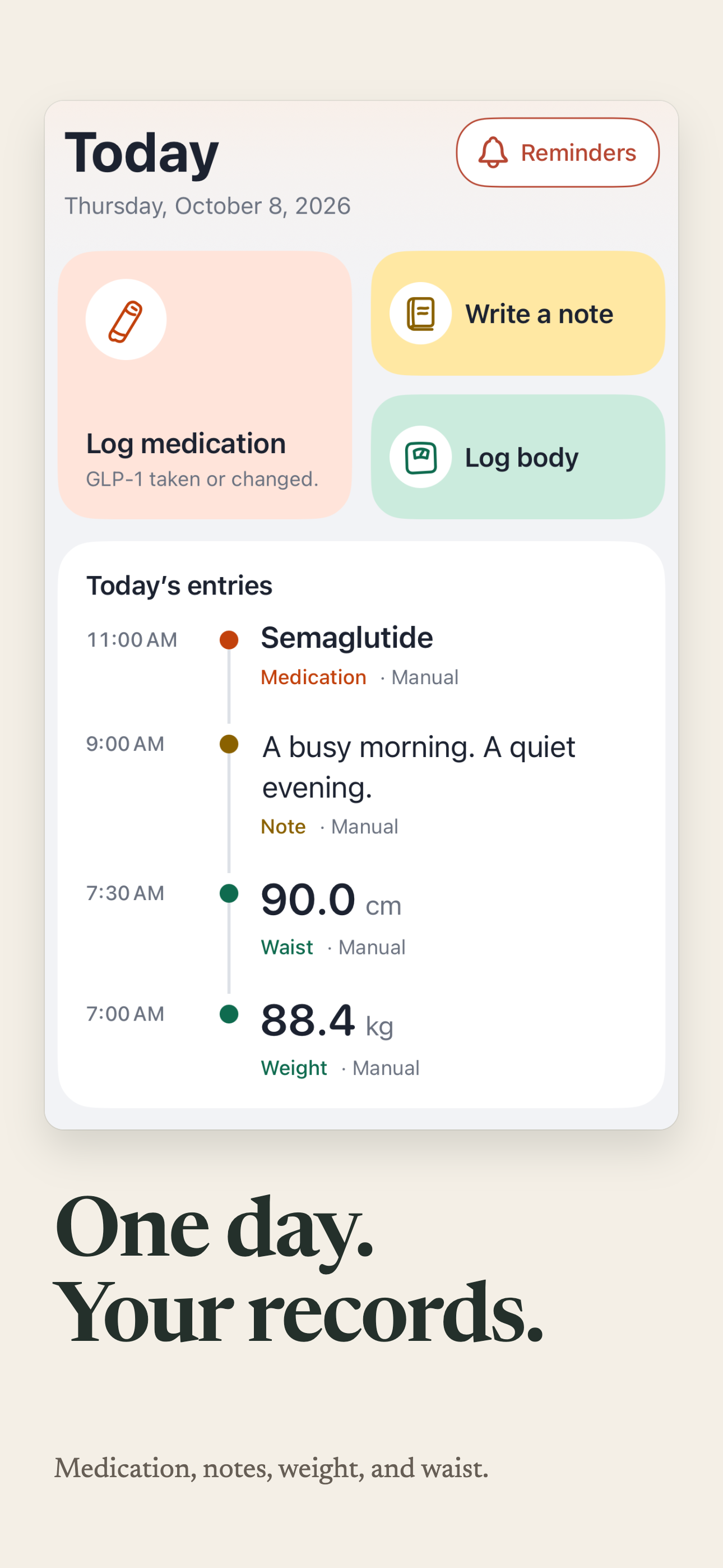 Record a moment with Medication, Note and Body actions on Today