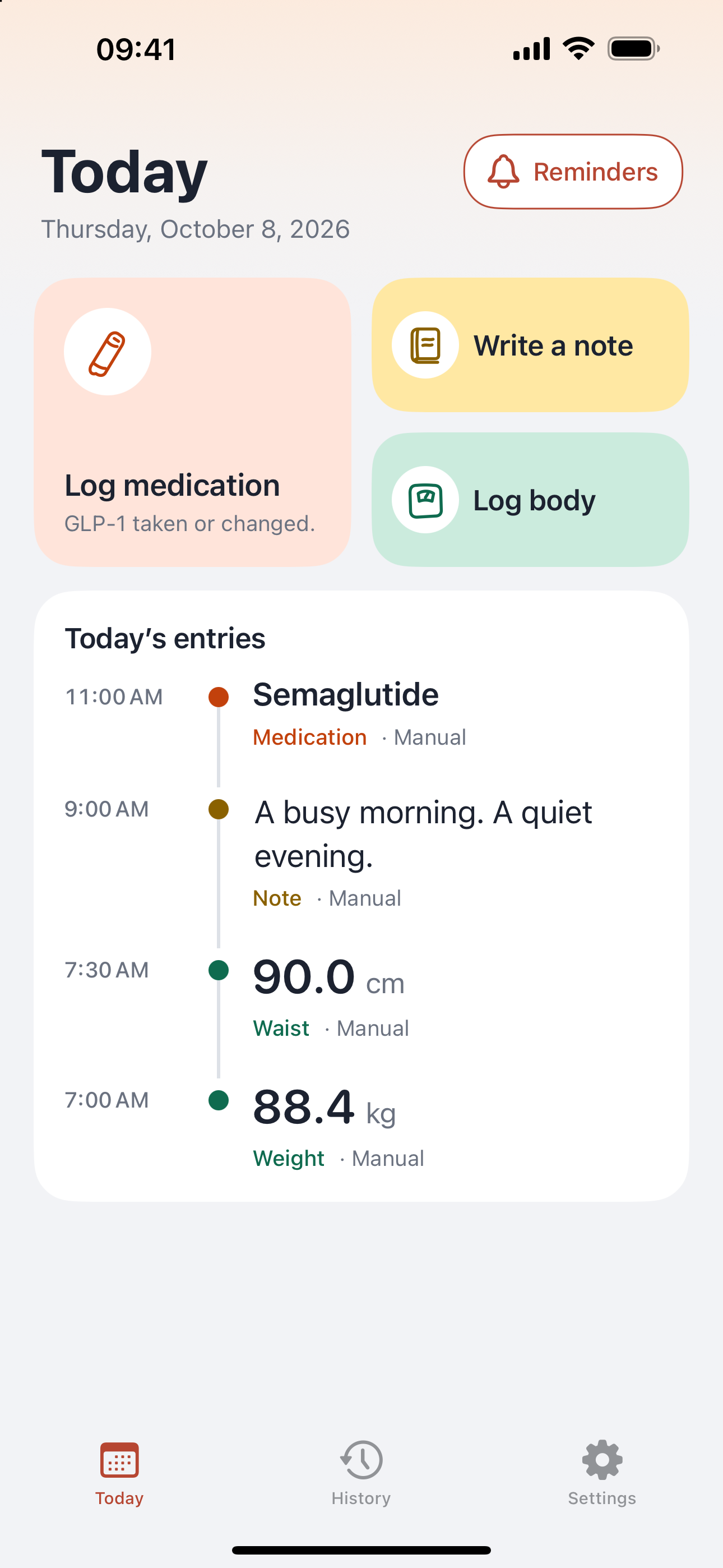 Today screen with Medication, Note and Body entry actions and saved demonstration records